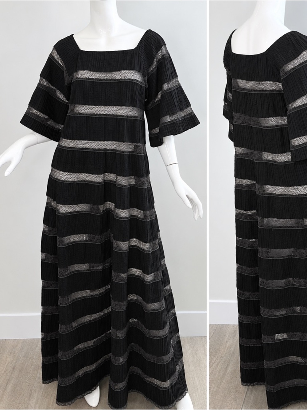 TACHI CASTILLO 1970s Vintage Mexican Boho Lace Maxi Midi Gown Dress \\ XS/S